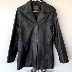 Lightweight tailored black leather mid length jacket with button closure